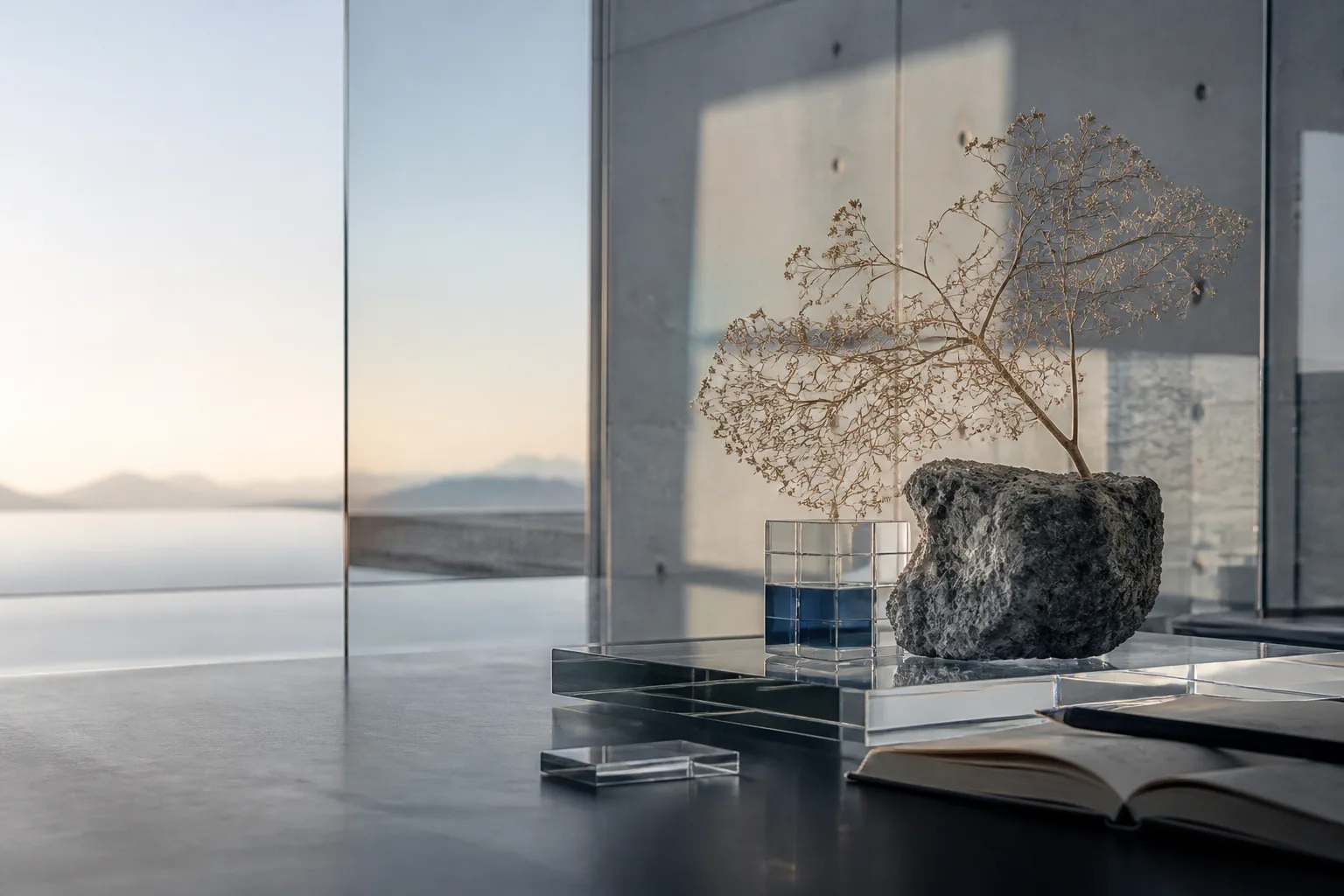 A botanical form, mineral and notebook arranged in a quiet research studio